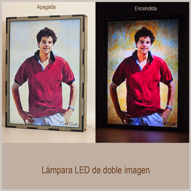 Lámpara con doble imagen  (Carlo Acutis), vista apagada y encendida, donde se revela la ilustración completa al encender la luz LED.