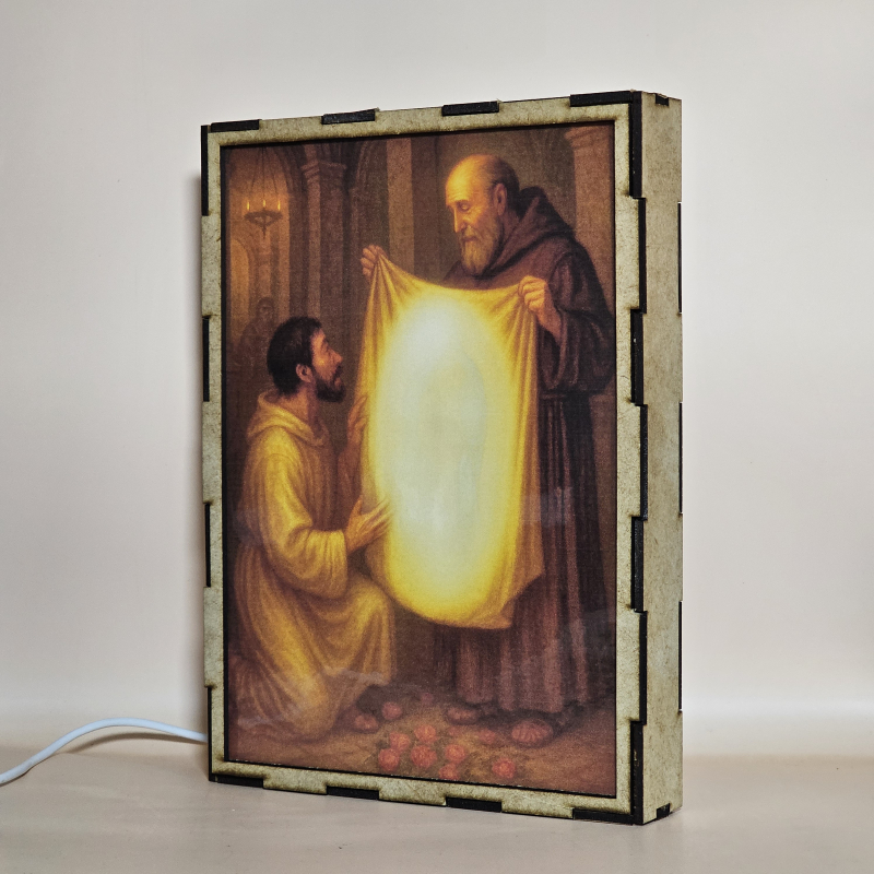 Lámpara con doble imagen  (Virgen de Guadalupe), vista apagada, se esconde la imágen de atras.