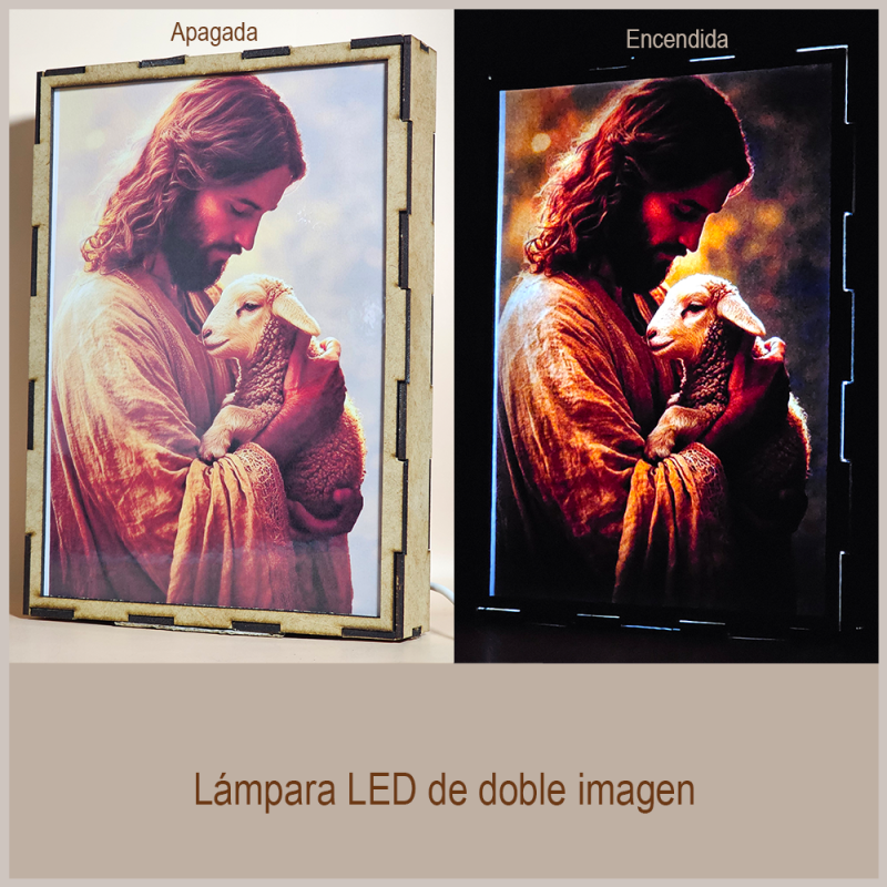 Lámpara con doble imagen  (Nuestro Señor Jesucristo), vista apagada y encendida, donde se revela la ilustración completa al encender la luz LED.