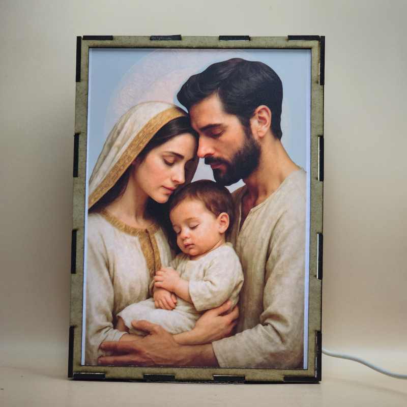 Lámpara con doble imagen  (San José, La Virgen María, El niño Jesús), vista encendida, con luz ambiente, donde se revela la ilustración completa al encender la luz LED.