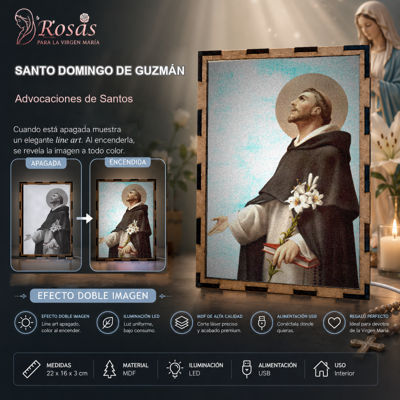 Lámpara LED de Santo Domingo de Guzmán con hábito dominicano, libro y lirios