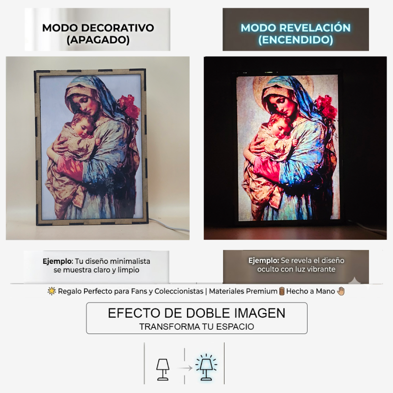 Lámpara con doble imagen  (La Virgen María, El niño Jesús), vista apagada y encendida, donde se revela la ilustración completa al encender la luz LED.