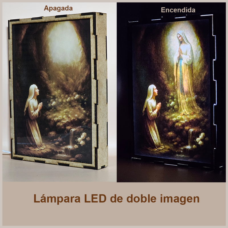 Lámpara con doble imagen  (Virgen de Lourdes), vista apagada y encendida, donde se revela la ilustración completa al encender la luz LED.