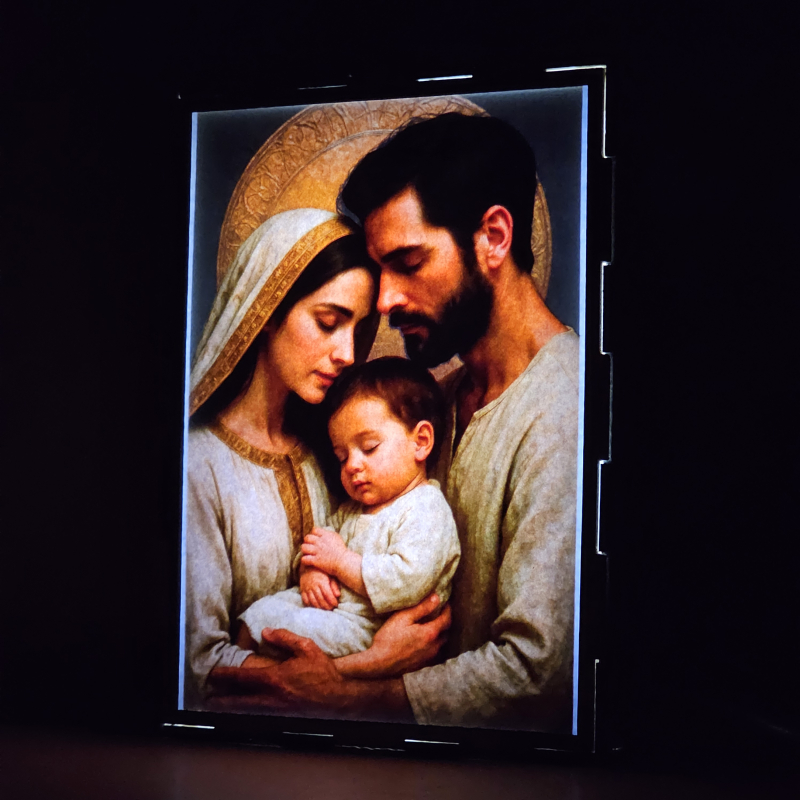Lámpara con doble imagen  (San José, La Virgen María, El niño Jesús), vista encendida, donde se revela la ilustración completa al encender la luz LED.