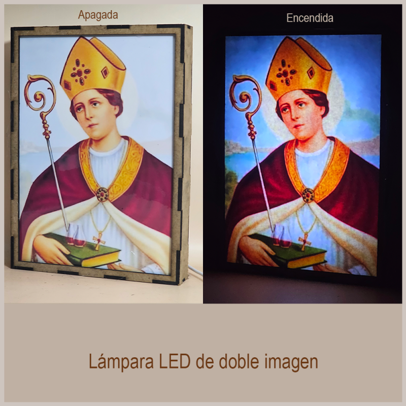 Lámpara con doble imagen  (San Genaro), vista apagada y encendida, donde se revela la ilustración completa al encender la luz LED.