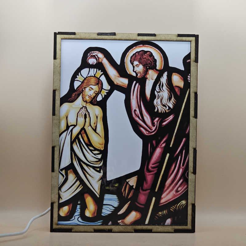 Lámpara con doble imagen el Primer misterio luminoso El Bautismo de Jesús en el Jordán (Nuestro Señor Jesucristo, San Juan Bautista), vista apagada, se esconde la imágen de atras.