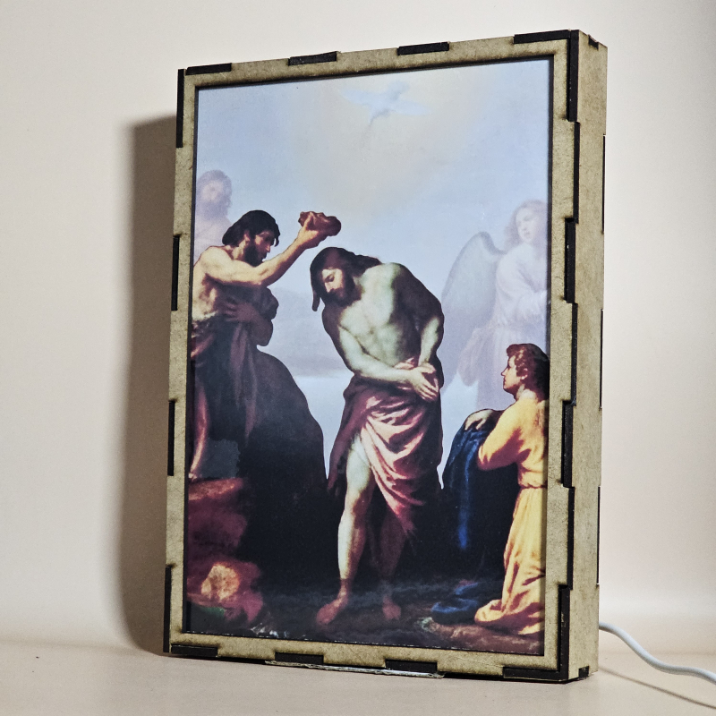 Lámpara con doble imagen el Primer misterio luminoso El Bautismo de Jesús en el Jordán (Nuestro Señor Jesucristo, San Juan Bautista), vista apagada, se esconde la imágen de atras.