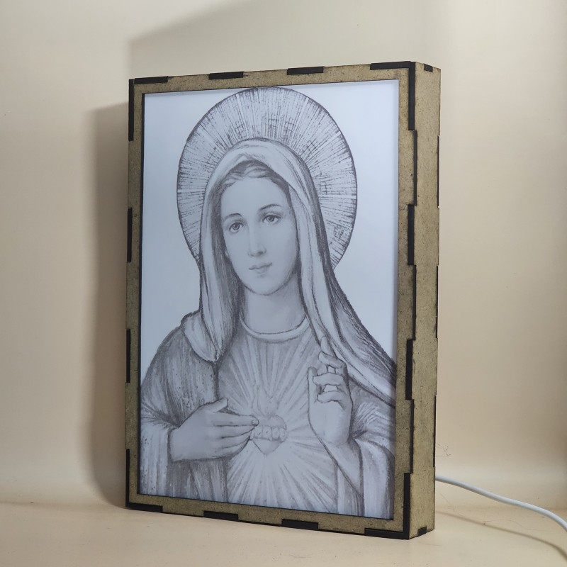 Lámpara con doble imagen  (La Virgen María, Inmaculado Corazon de María), vista apagada, se esconde la imágen de atras.