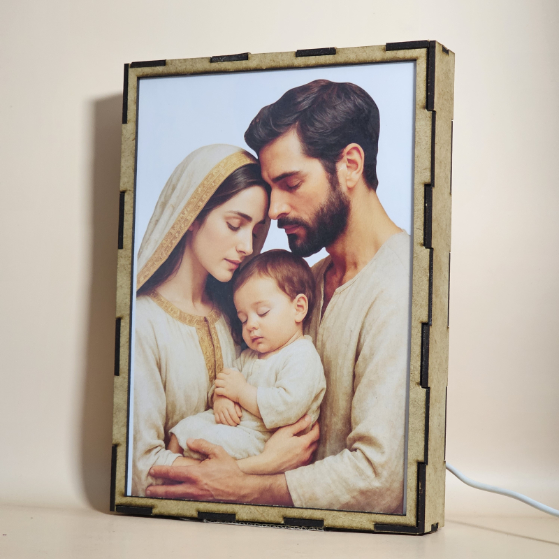 Lámpara con doble imagen  (San José, La Virgen María, El niño Jesús), vista apagada, se esconde la imágen de atras.