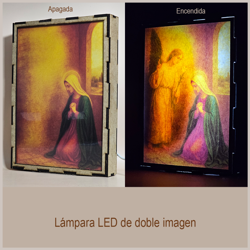 Lámpara con doble imagen el Primer misterio gosozo La Anunciación del Ángel a la Virgen María (), vista apagada y encendida, donde se revela la ilustración completa al encender la luz LED.