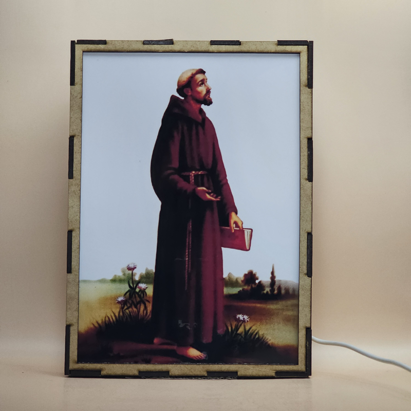 Lámpara con doble imagen  (San Francisco de Asis), vista apagada, se esconde la imágen de atras.