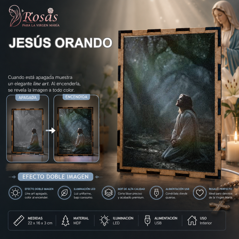 Lampara LED Jesús orando en Getsemaní bajo un haz de luz