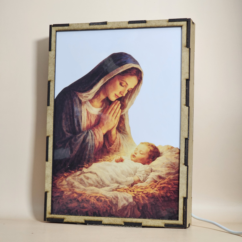 Lámpara con doble imagen  (La Virgen María, El niño Jesús), vista apagada, se esconde la imágen de atras.