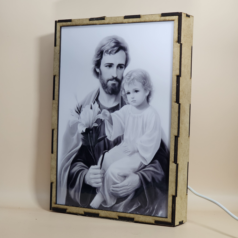 Lámpara con doble imagen  (San José Protector), vista apagada, se esconde la imágen de atras.