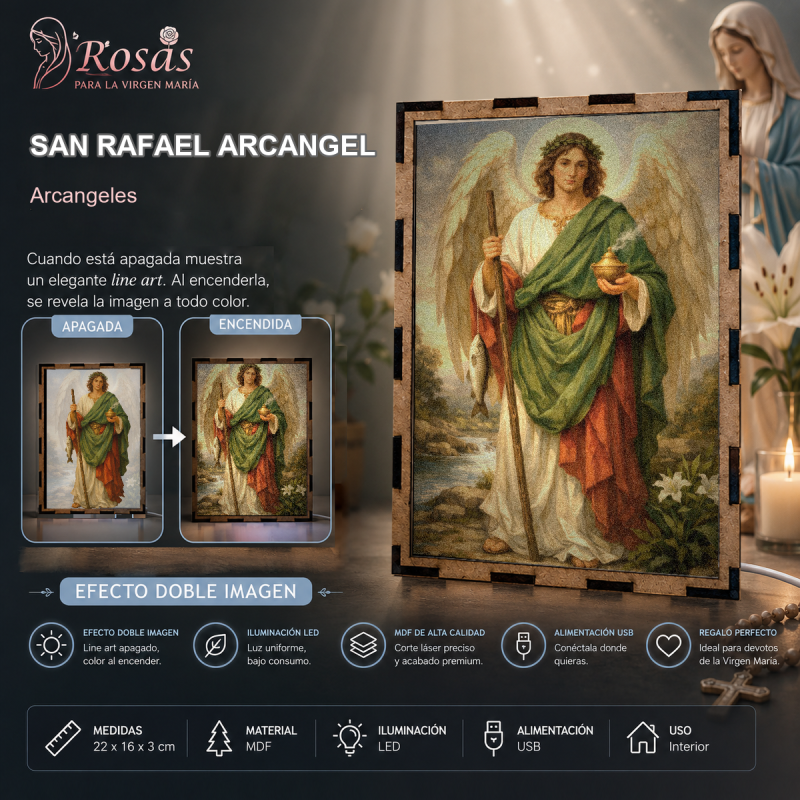 Lámpara LED de San Rafael Arcángel con pez y bastón, efecto doble imagen, USB y diseño católico para hogar, oración o regalo religioso.