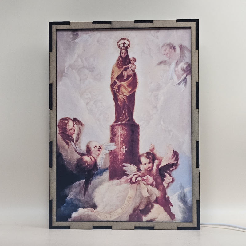 Lámpara LED de la Virgen del Pilar con el Niño Jesús sobre la columna y rodeada de ángeles - Galeria