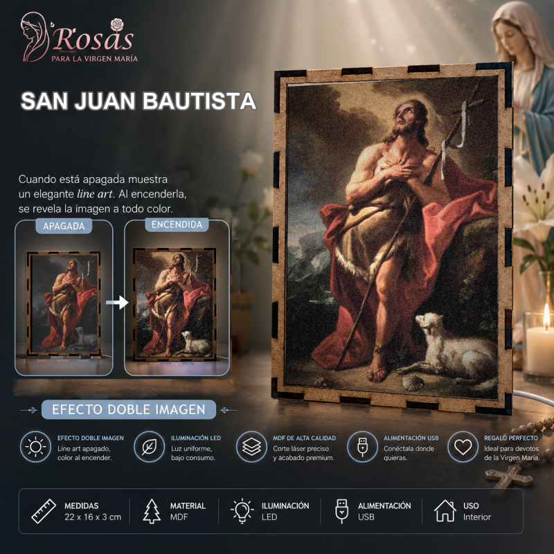 Lámpara LED de San Juan Bautista con manto rojo, cruz de caña, concha y cordero
