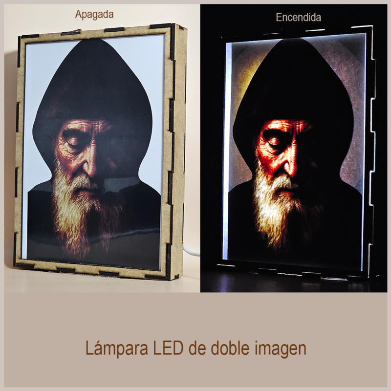 Lámpara con doble imagen  (San Charbel), vista apagada y encendida, donde se revela la ilustración completa al encender la luz LED.