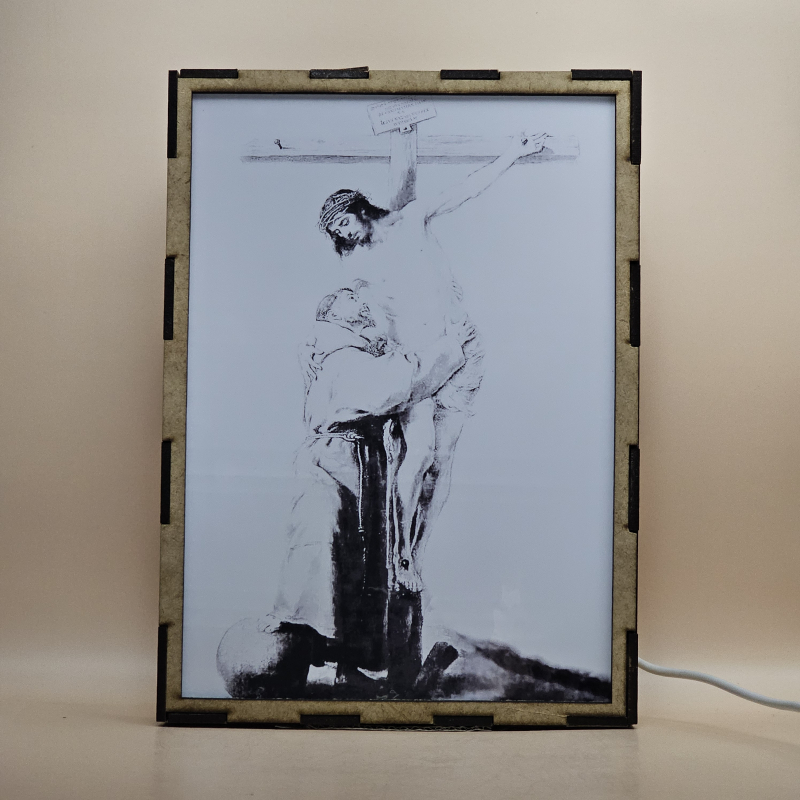 Lámpara con doble imagen  (San Francisco de Asis), vista apagada, se esconde la imágen de atras.