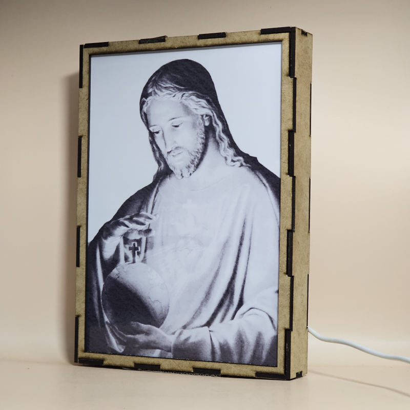 Lámpara con doble imagen  (Sagrado Corazón de Jesús), vista apagada, se esconde la imágen de atras.