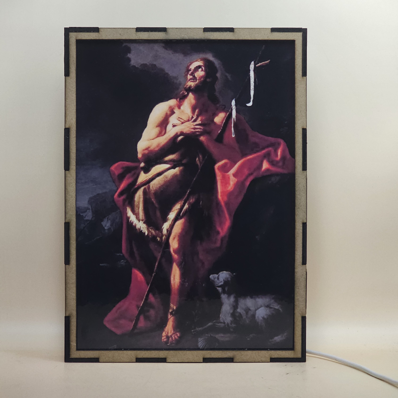 Lámpara LED de San Juan Bautista con manto rojo, cruz de caña, concha y cordero - Galeria