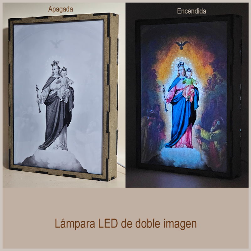 Lámpara con doble imagen  (Virgen María Auxiliadora), vista apagada y encendida, donde se revela la ilustración completa al encender la luz LED.