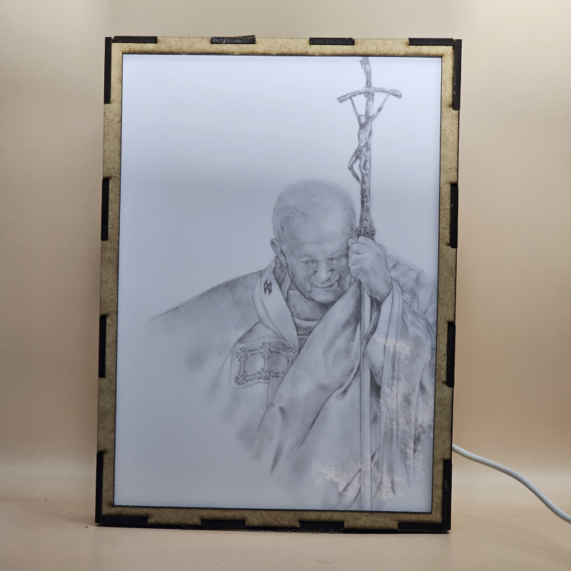 Lámpara con doble imagen  (San Juan Pablo II), vista apagada, se esconde la imágen de atras.