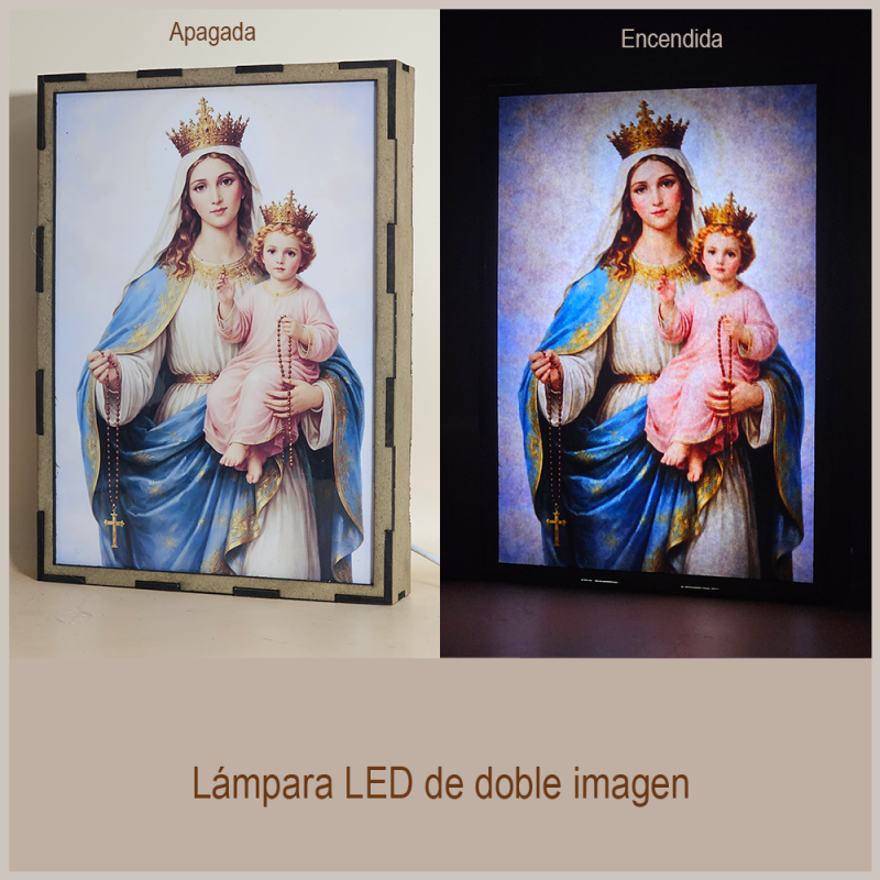 Lámpara con doble imagen  (Virgen del Rosario), vista apagada y encendida, donde se revela la ilustración completa al encender la luz LED.