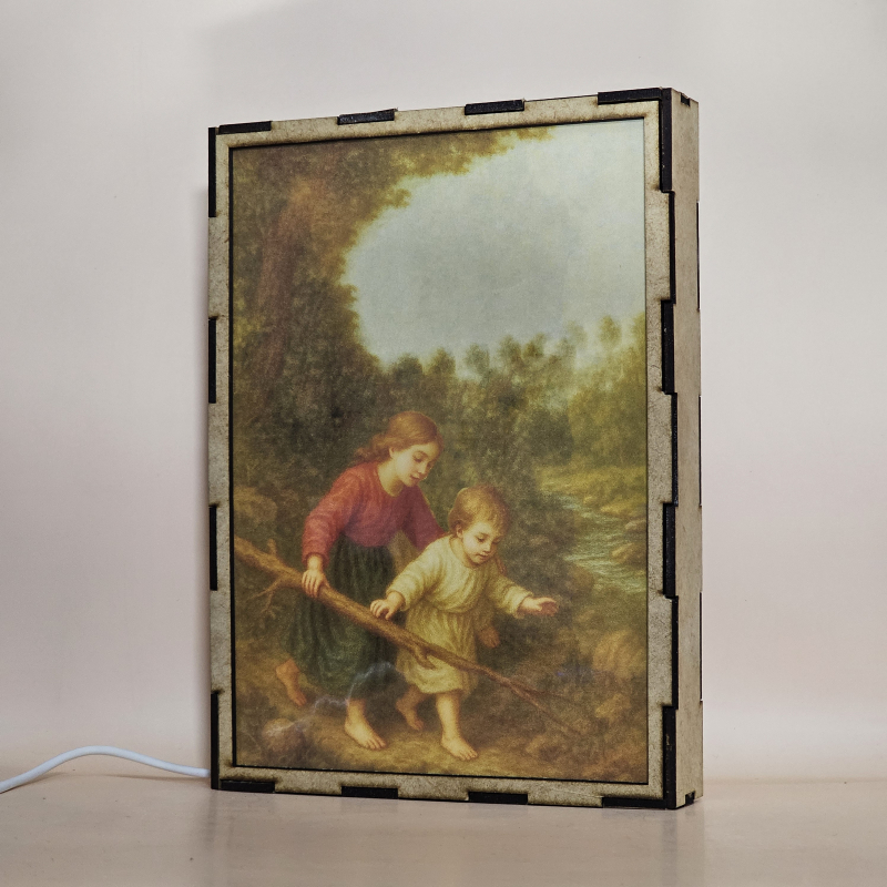 Lámpara con doble imagen  (Ángel de la guarda), vista apagada, se esconde la imágen de atras.