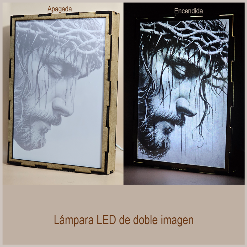 Lámpara con doble imagen  (Nuestro Señor Jesucristo), vista apagada y encendida, donde se revela la ilustración completa al encender la luz LED.