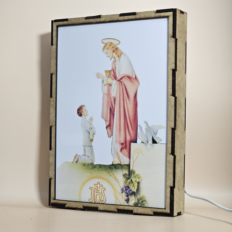 Lámpara con doble imagen  (Nuestro Señor Jesucristo), vista apagada, se esconde la imágen de atras.