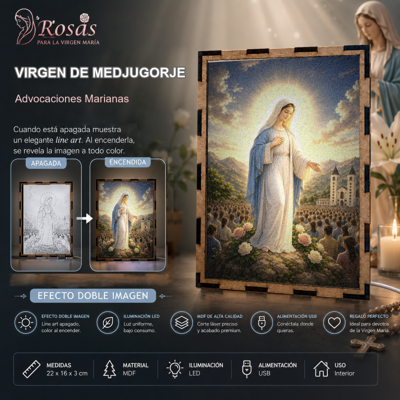 Lámpara LED de la Virgen de Medjugorje Reina de la Paz ante peregrinos y la iglesia