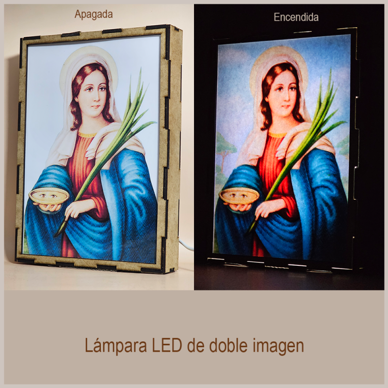 Lámpara con doble imagen  (Santa Lucía), vista apagada y encendida, donde se revela la ilustración completa al encender la luz LED.