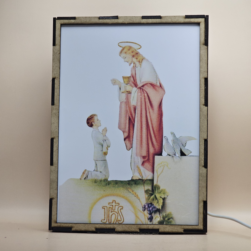 Lámpara con doble imagen  (Nuestro Señor Jesucristo), vista apagada, se esconde la imágen de atras.