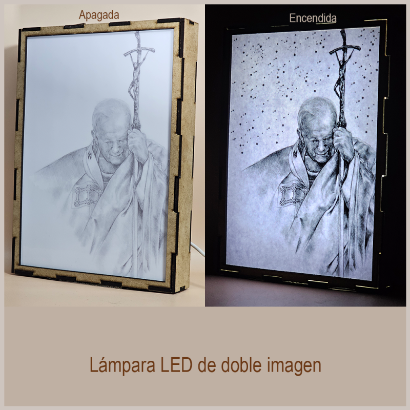 Lámpara con doble imagen  (San Juan Pablo II), vista apagada y encendida, donde se revela la ilustración completa al encender la luz LED.