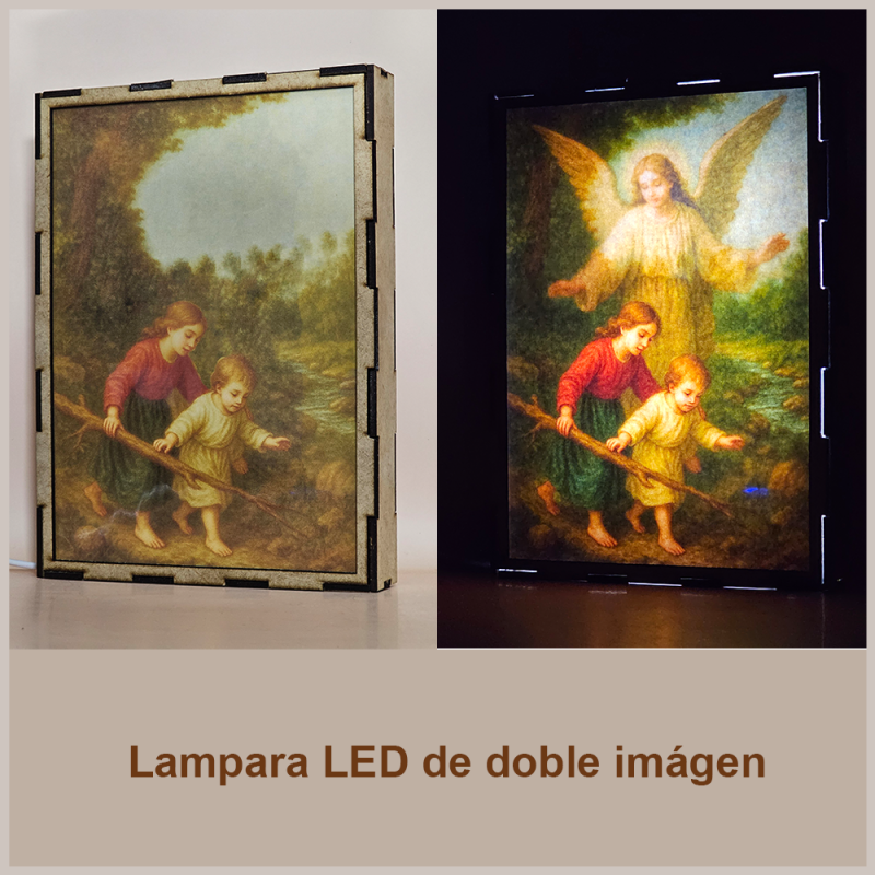 Lámpara con doble imagen  (Ángel de la guarda), vista apagada y encendida, donde se revela la ilustración completa al encender la luz LED.