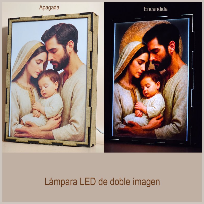 Lámpara con doble imagen  (San José, La Virgen María, El niño Jesús), vista apagada y encendida, donde se revela la ilustración completa al encender la luz LED.