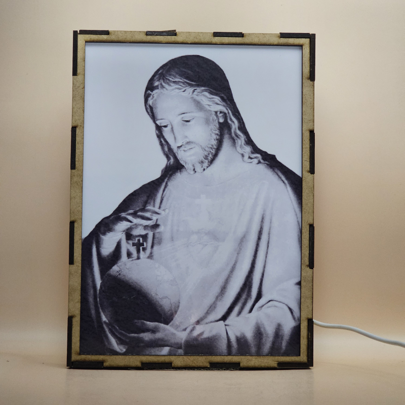 Lámpara con doble imagen  (Sagrado Corazón de Jesús), vista apagada, se esconde la imágen de atras.