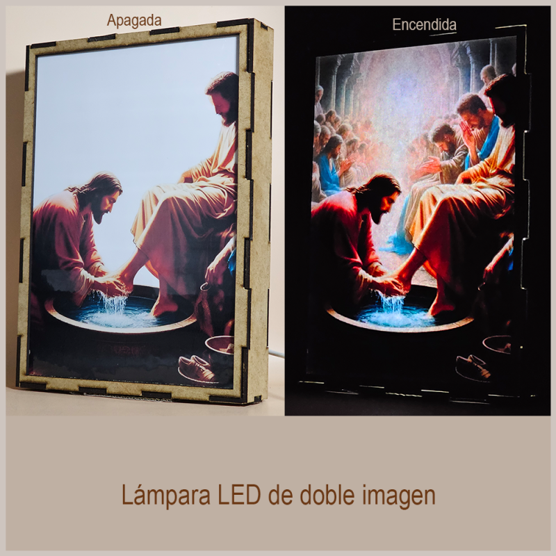 Lámpara con doble imagen  (Nuestro Señor Jesucristo), vista apagada y encendida, donde se revela la ilustración completa al encender la luz LED.