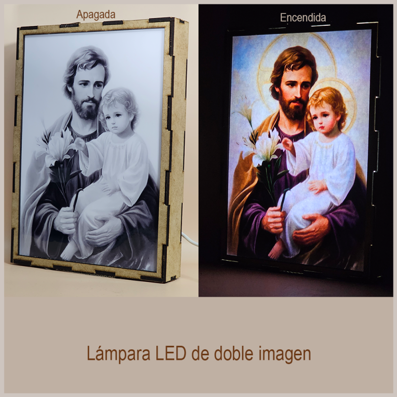 Lámpara con doble imagen  (San José Protector), vista apagada y encendida, donde se revela la ilustración completa al encender la luz LED.