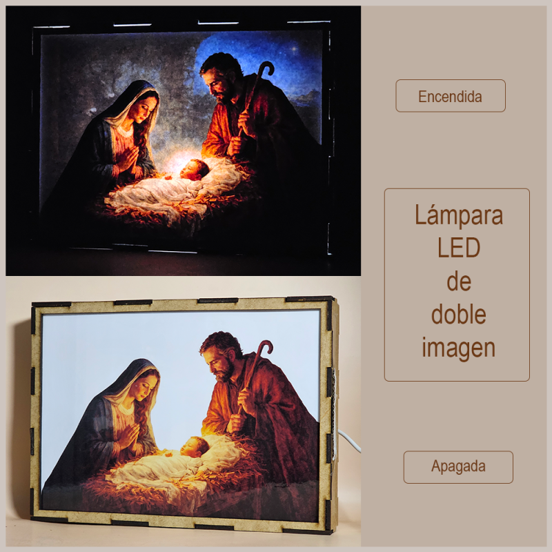 Lámpara con doble imagen el Tercer misterio gosozo El Nacimiento del Hijo de Dios (), vista apagada y encendida, donde se revela la ilustración completa al encender la luz LED.