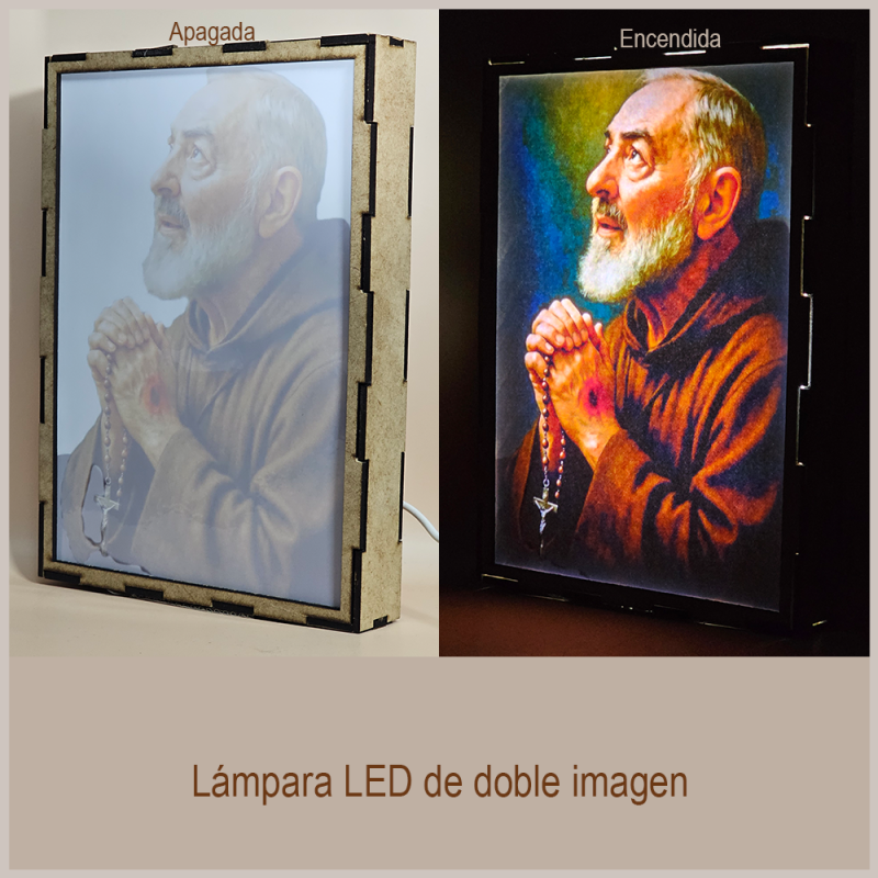 Lámpara con doble imagen  (San Pío de Pietrelcina), vista apagada y encendida, donde se revela la ilustración completa al encender la luz LED.