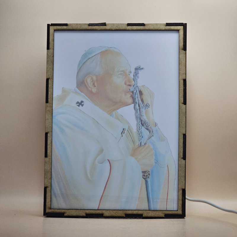 Lámpara con doble imagen  (San Juan Pablo II), vista apagada, se esconde la imágen de atras.