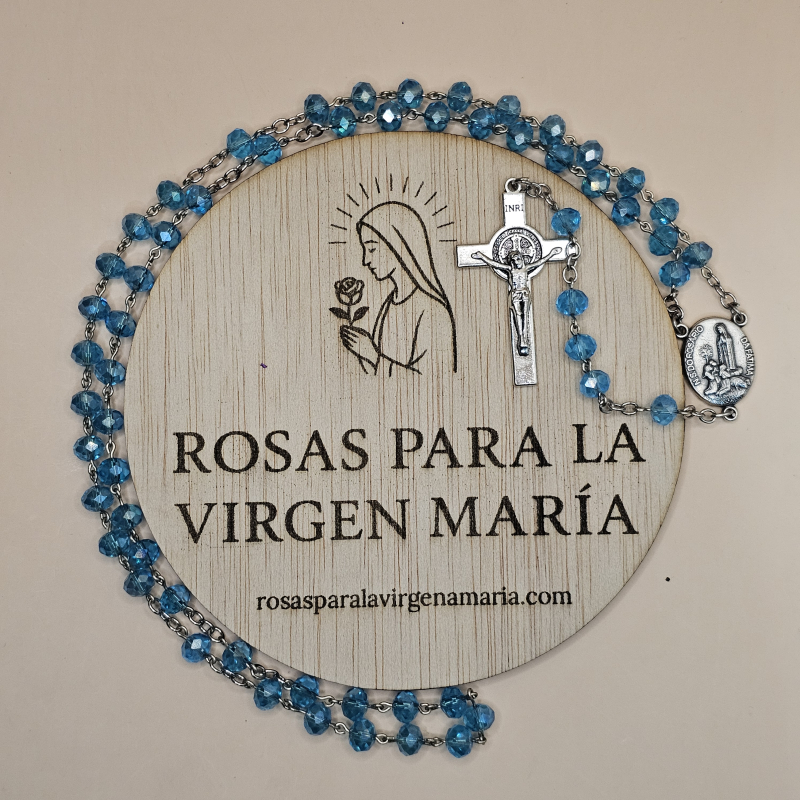 Rosario Azul turquesa semitransparente con Medalla de la Virgen de Fátima y del santuario de Fátima, Crucifijo Cristo crucificado, medalla san Benito y medalla san BenitoRosario Azul turquesa semitransparente con Medalla de la Virgen de Fátima y del santuario de Fátima, Crucifijo Cristo crucificado, medalla san Benito y medalla san Benito