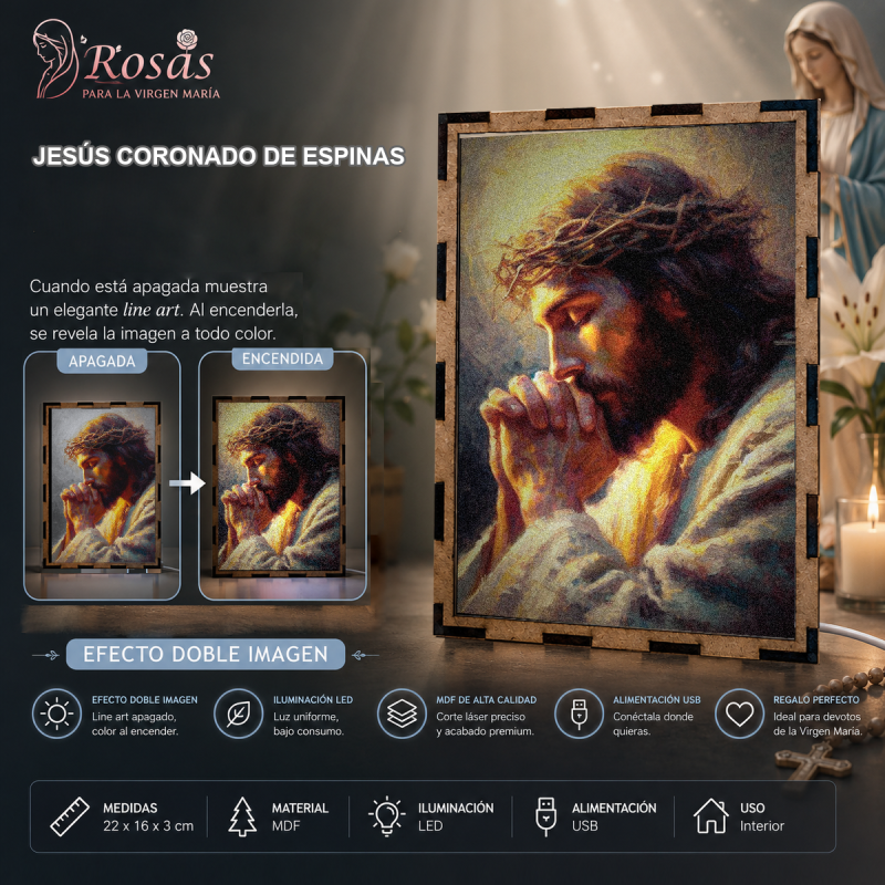 Lampara de Jesús en oración con corona de espinas