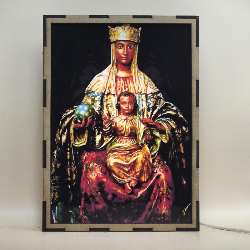 Lámpara de la Virgen del Pilar coronada y entronizada con el Niño Jesús - Encendida luz ambiente