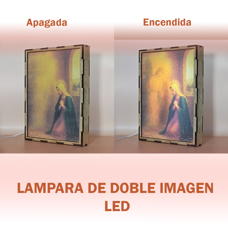 Lámpara con doble imagen el Primer misterio gosozo La Anunciación del Ángel a la Virgen María (La Virgen María, San Gabriel Arcángel), vista apagada y encendida, donde se revela la ilustración completa al encender la luz LED.