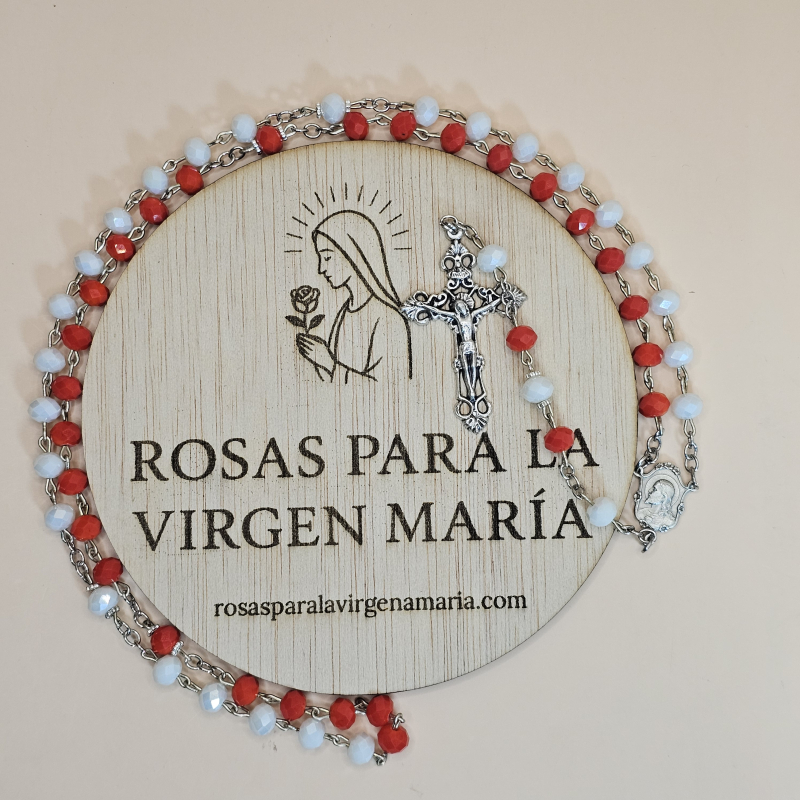 Rosario de cristal del Sagrado Corazon de Jesus con Medalla del Sagrado Corazón de Jesus de perfil y de la Virgen del Carmen, Crucifijo de Cristo Crucificado