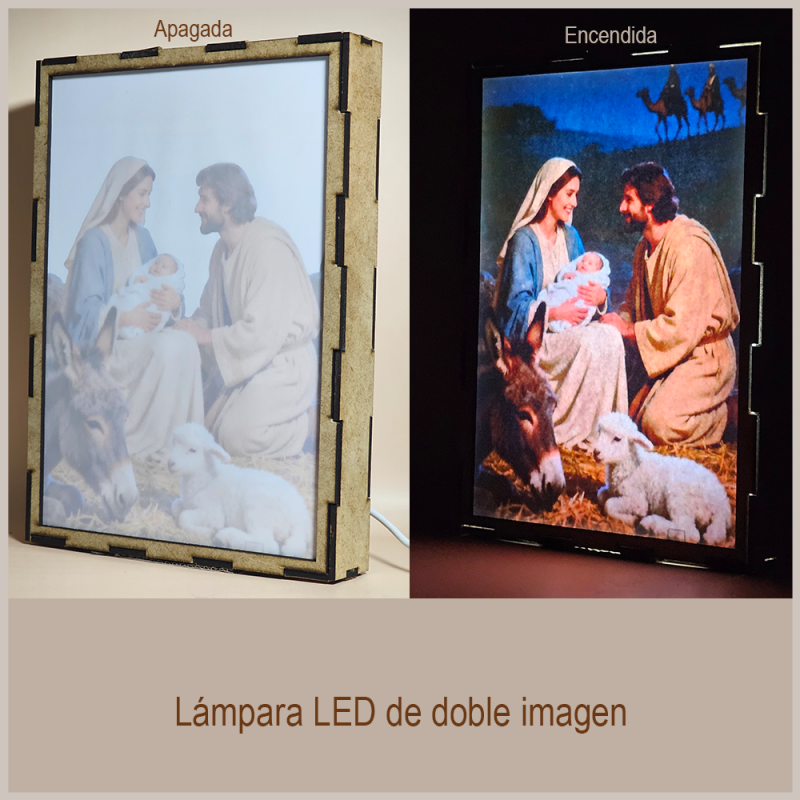 Lámpara con doble imagen el Tercer misterio gosozo El Nacimiento del Hijo de Dios (San José, La Virgen María, El niño Jesús), vista apagada y encendida, donde se revela la ilustración completa al encender la luz LED.