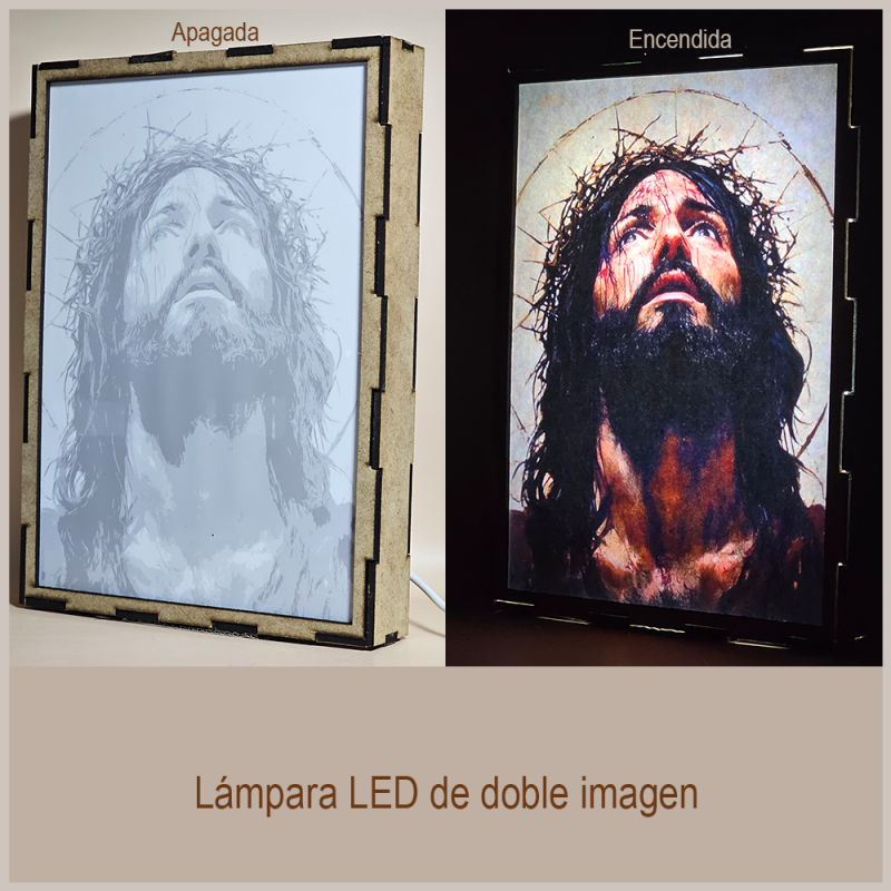 Lámpara con doble imagen el Tercer misterio doloroso La coronación de espinas (Nuestro Señor Jesucristo), vista apagada y encendida, donde se revela la ilustración completa al encender la luz LED.